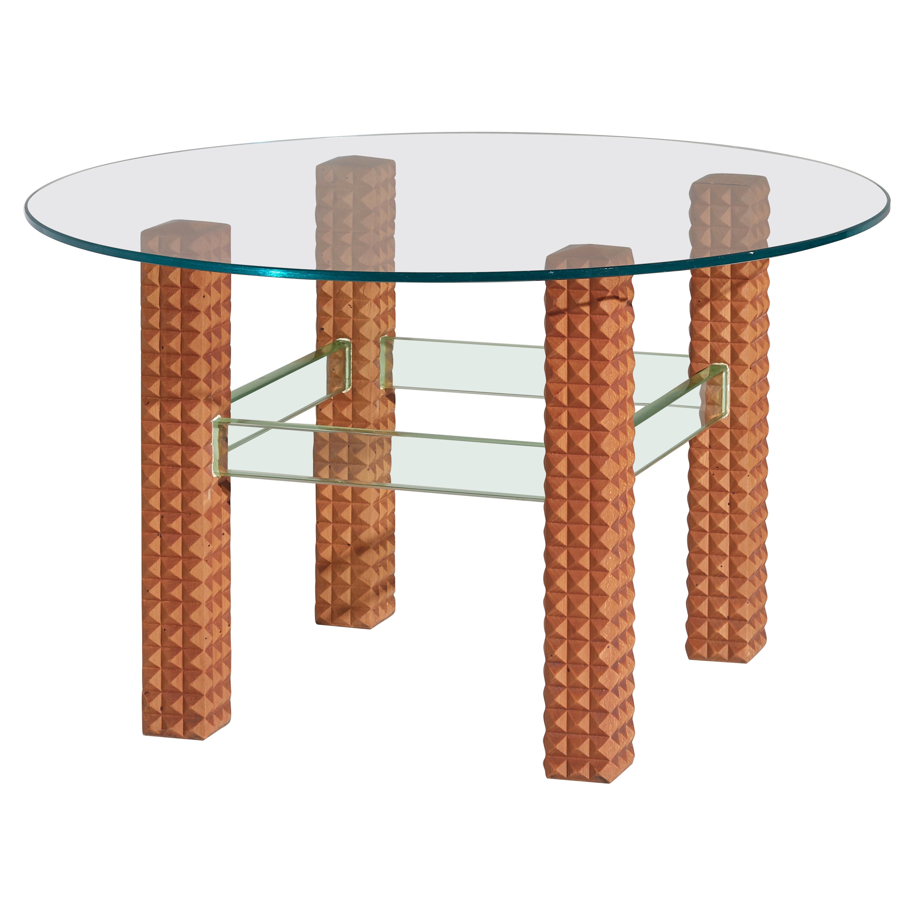 Midcentury Italian Glass Coffee Table with Diamond Shaped Wooden Legs, 1960s For Sale