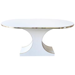 Vintage Postmodern White Lacquer Laminate Dining Table with Gold Trim
