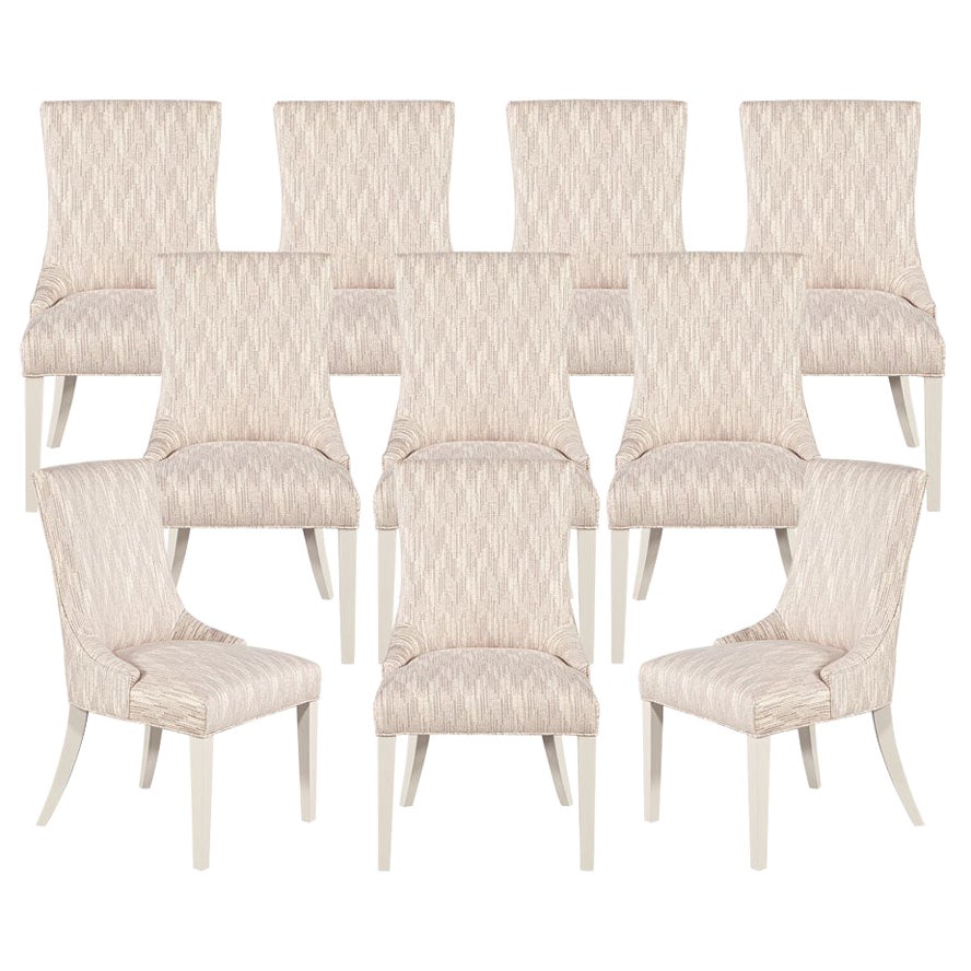 Set of 10 Custom Modern White Lacquered Dining Chairs in Designer Fabric For Sale