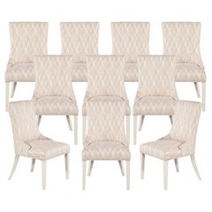 Set of 10 Custom Modern White Lacquered Dining Chairs in Designer Fabric