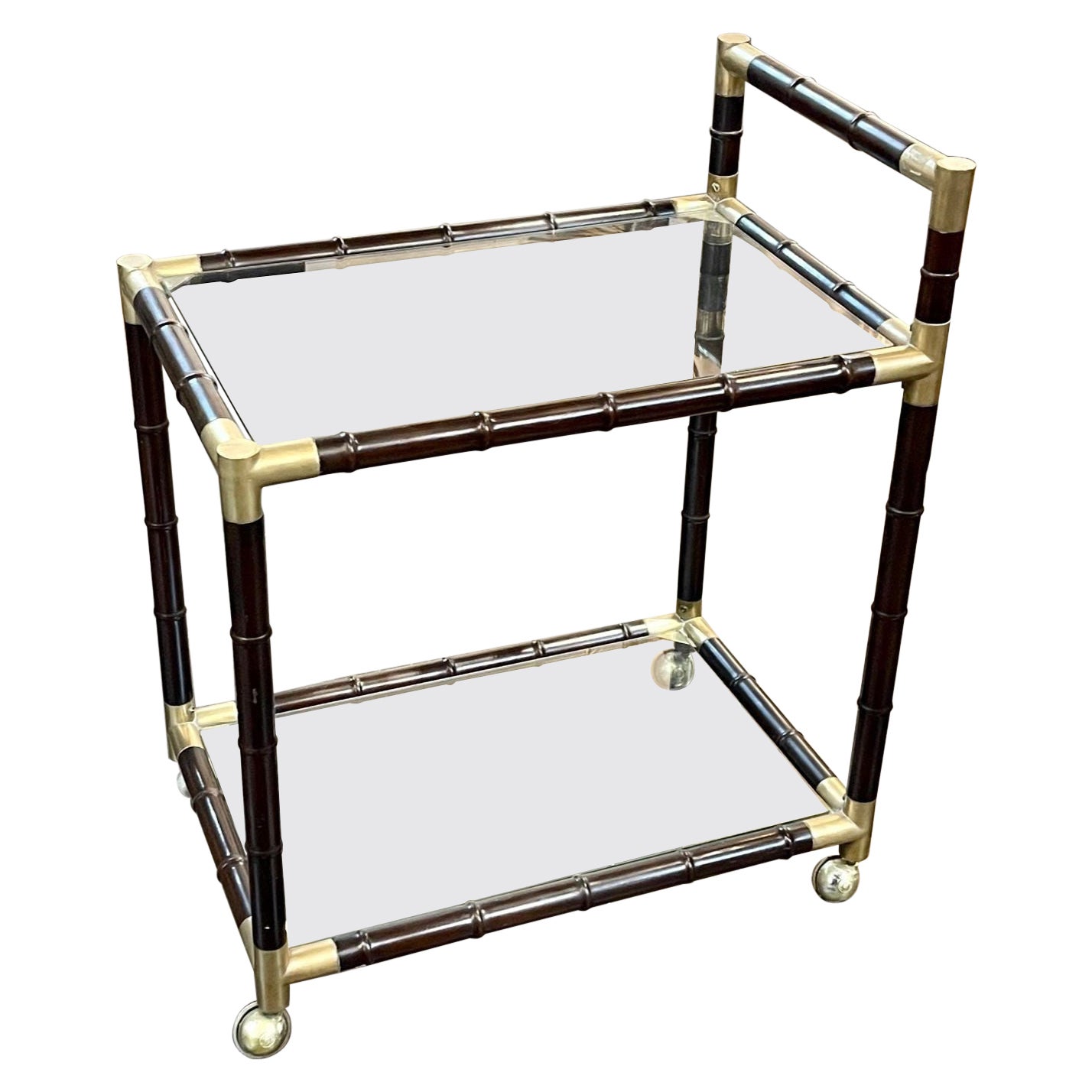 Italian Mid-Century Modern Brass and Bamboo Form Bar Cart For Sale