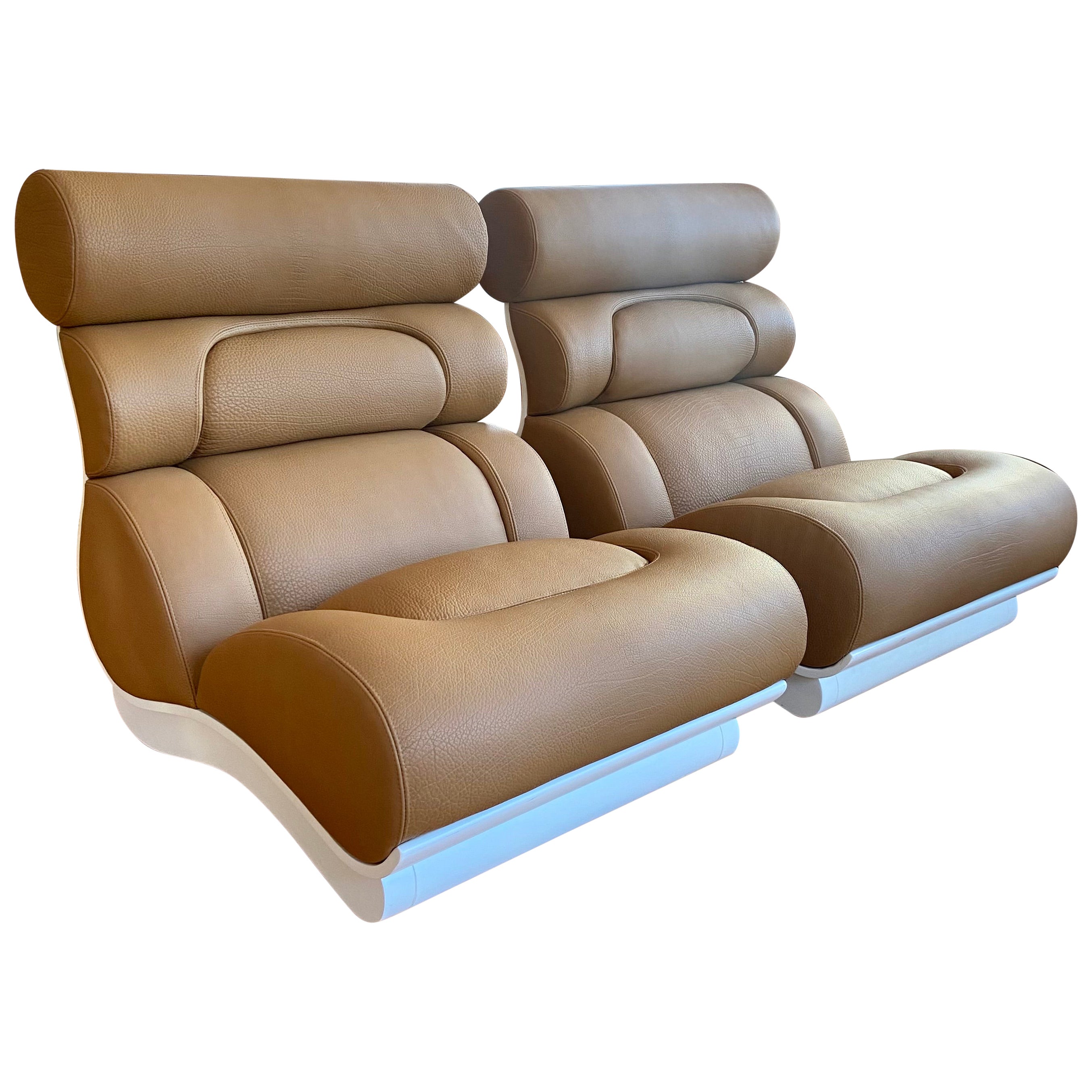 Raphael Raffel 1960s Brown Leather Futurist Lounge Chairs Pair For Sale