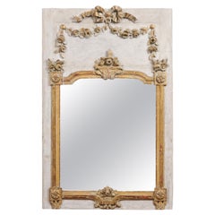 French Louis XVI Period 1770s Carved and Gilded Trumeau Mirror with Floral Décor