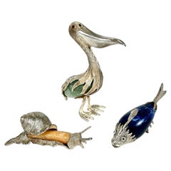 Vintage Group of Three Rare Miniature Animals in Sterling Silver and Semi-Precious Stone