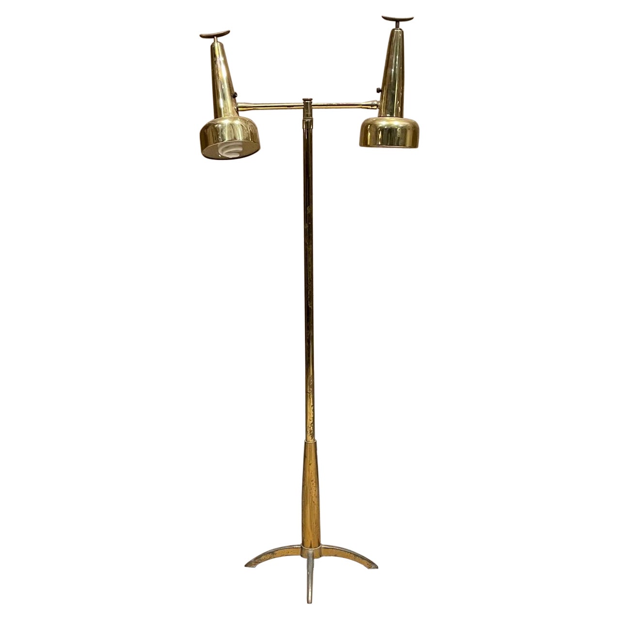 1970s Stiffel Double Cone Floor Lamp Patinated Brass Arched Star Base  For Sale