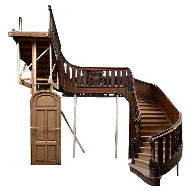 Staircase aus Eichenholz mit Schnitzerei und Balustrade, 19. Jahrhundert