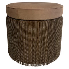 Metal Fringed Vanity Stool Ottoman Handcrafted in Brown Brushed Leather by Spina