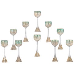 Antique Ten Moser Handblown Crystal Shaded Wine Goblets Raised Gold Hexagonal Foot
