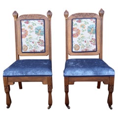 Pair of Eastlake-Style Side Chairs in Floral & Blue