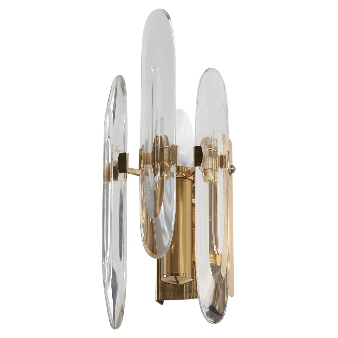 Italian Designer, Wall Light, Brass, Glass, Italy, 1970s