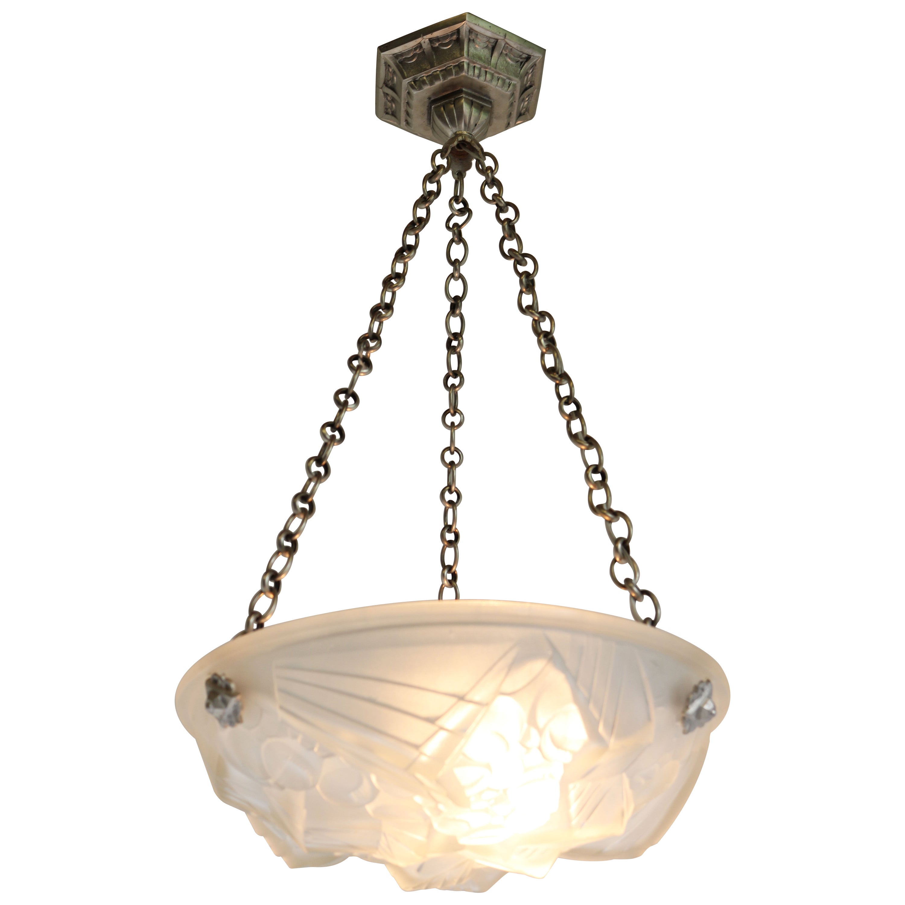 French Antique Art Deco Pendant Light Chandelier by Mouynet Design 1920 White For Sale