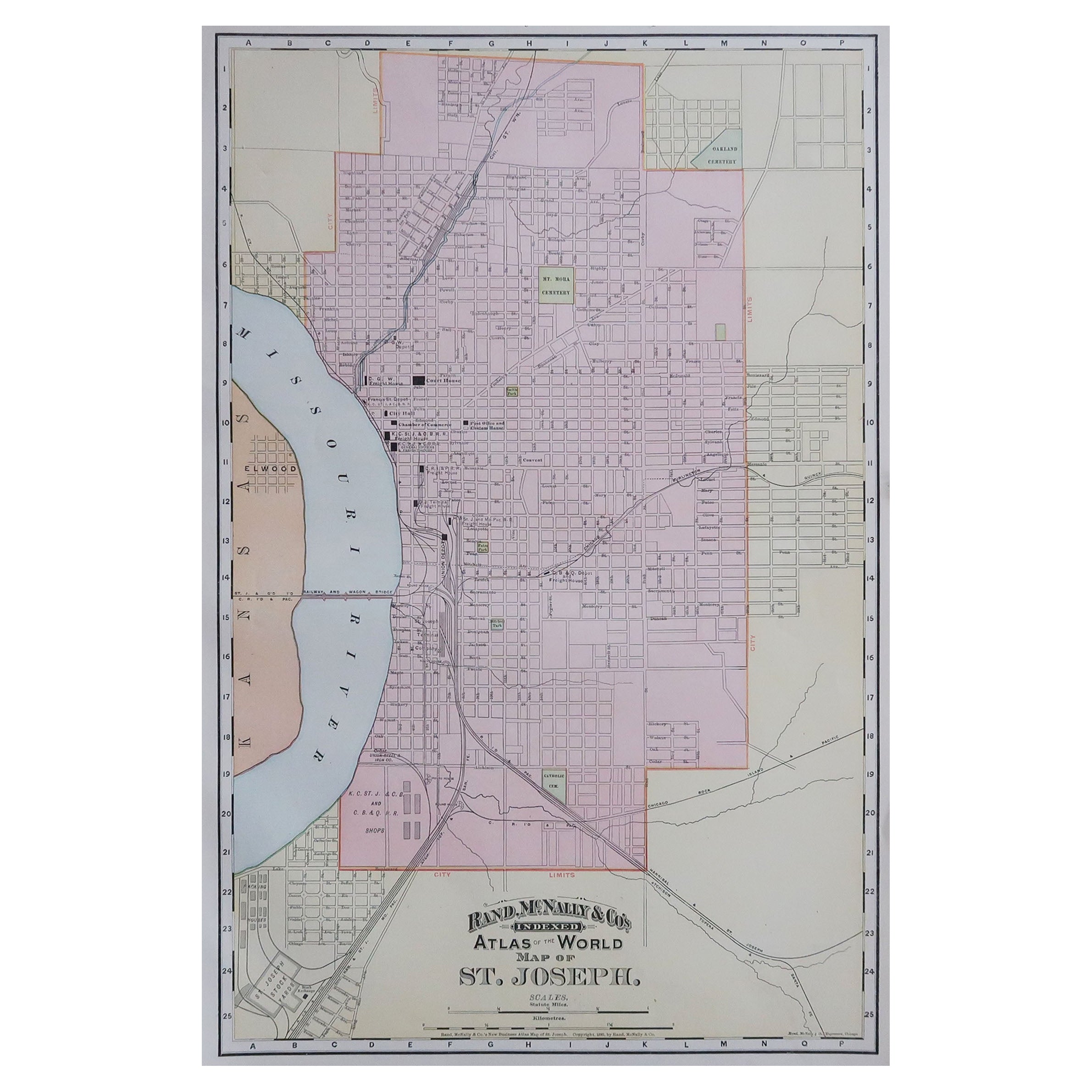 Plan de ville ancien original de St Joseph, Missouri, États-Unis, 1894