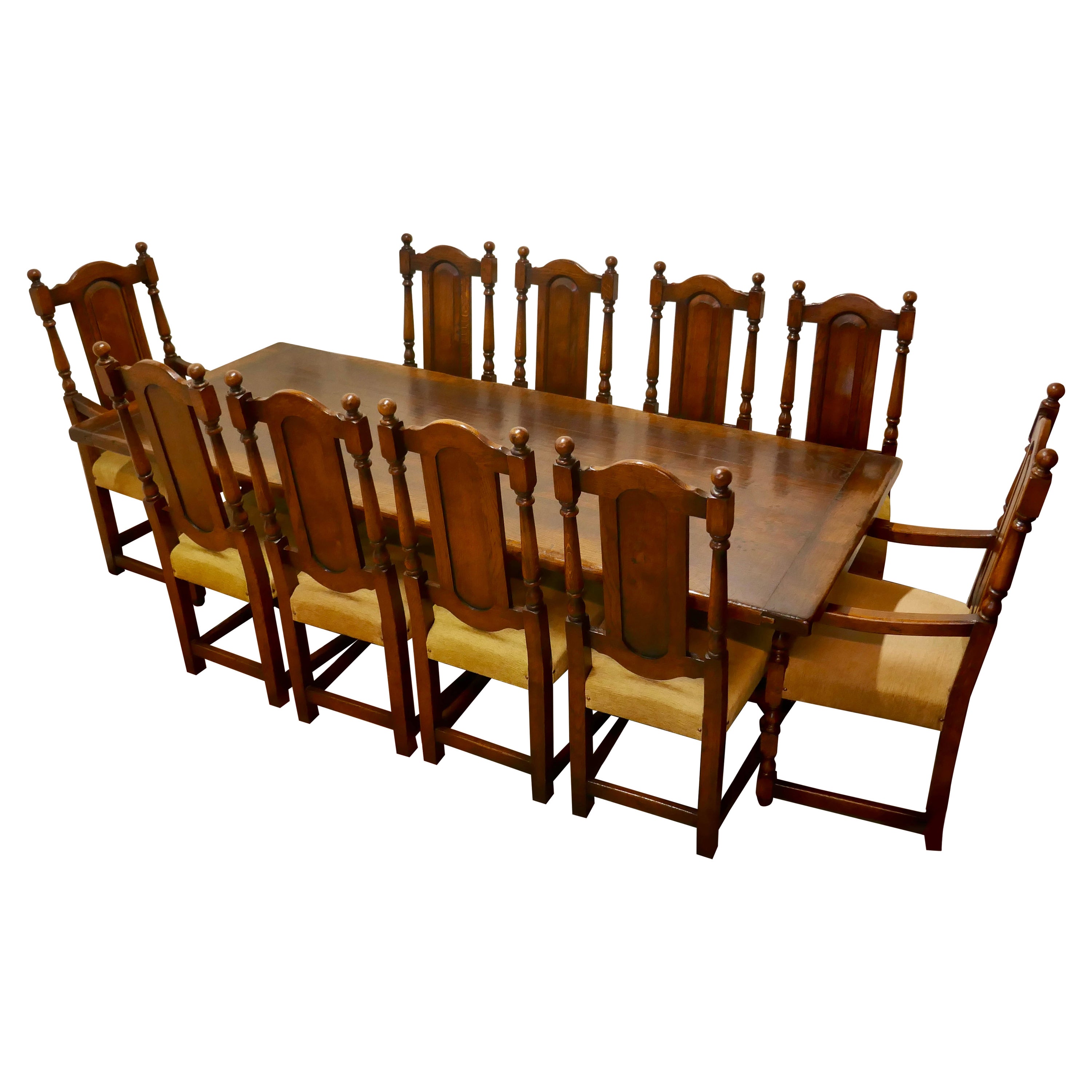 Superior Quality Arts & Crafts Oak Refectory Dining Table and 10 Dining Chairs