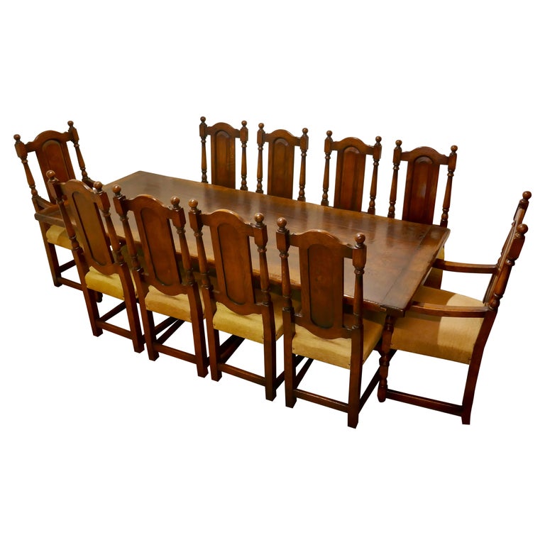 Superior Quality Arts and Crafts Oak Refectory Dining Table and 10 Dining  Chairs For Sale at 1stDibs