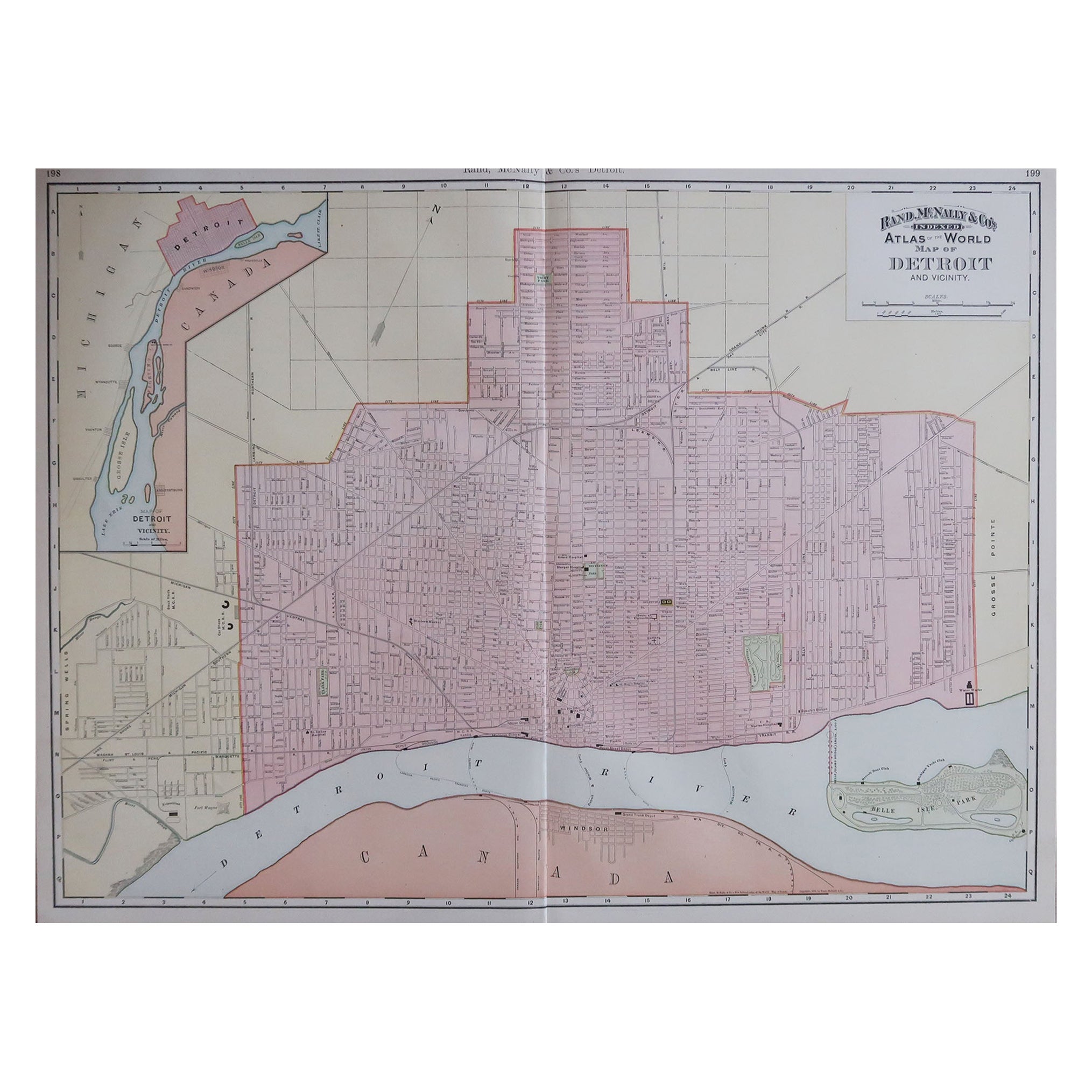 Large Original Antique City Plan of Detroit, USA, 1894