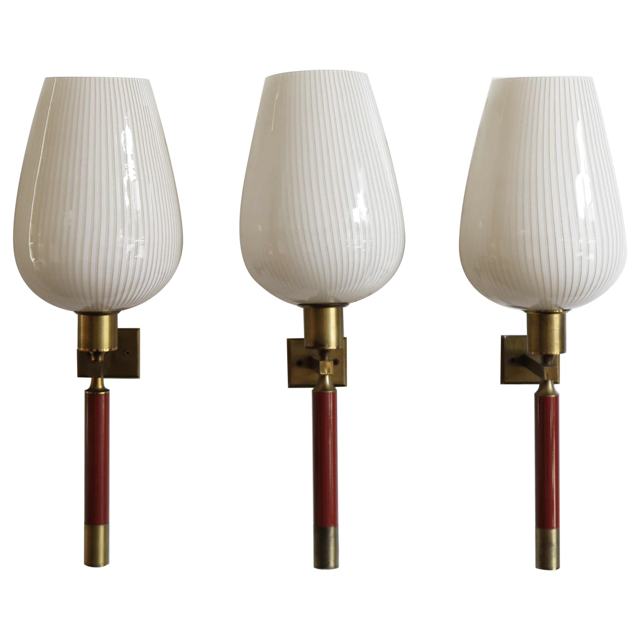 Venini Italian Midcentury Murano Glass Brass Wall Lamps Sconces 1950s