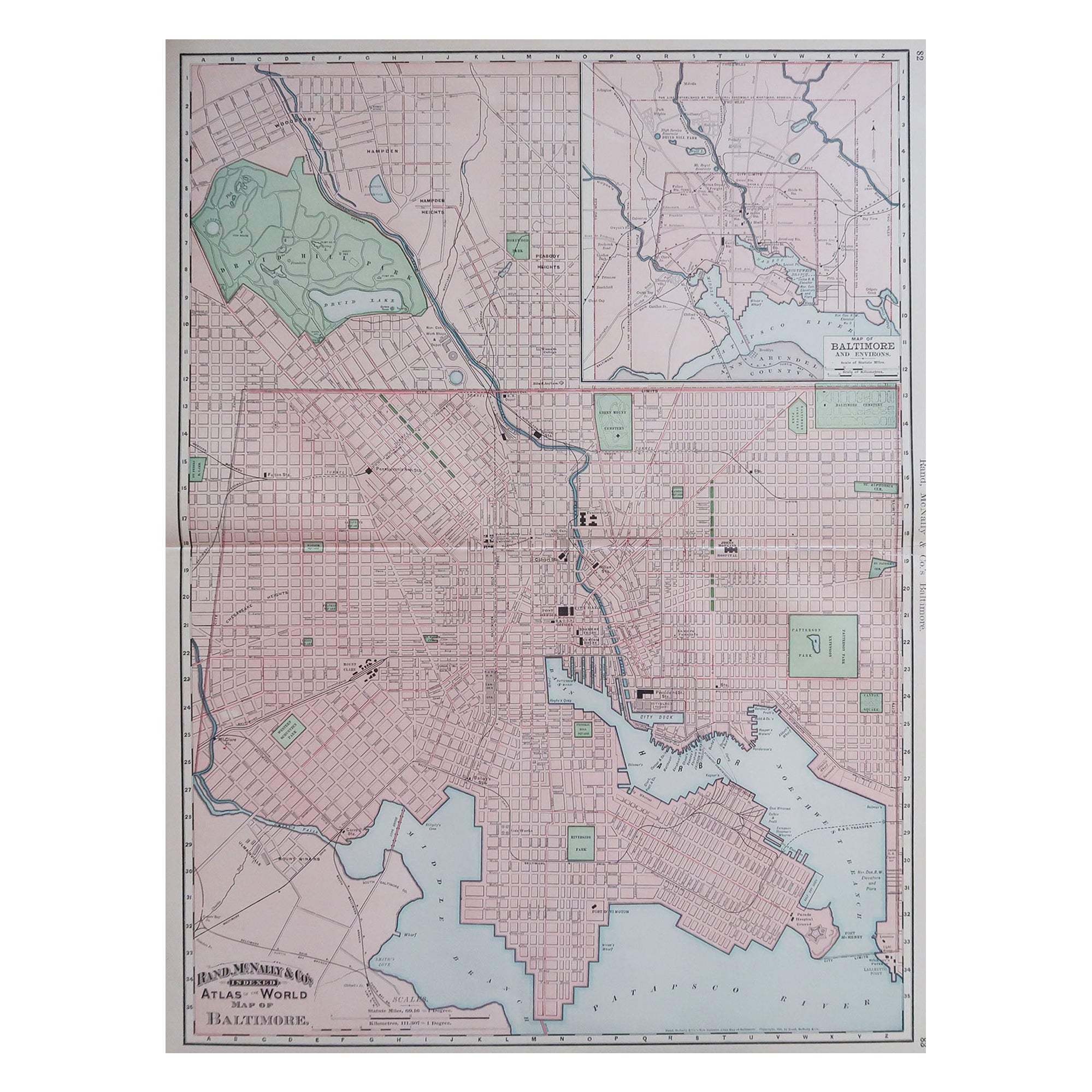 Grand plan urbain ancien original de Baltimore, États-Unis, 1894