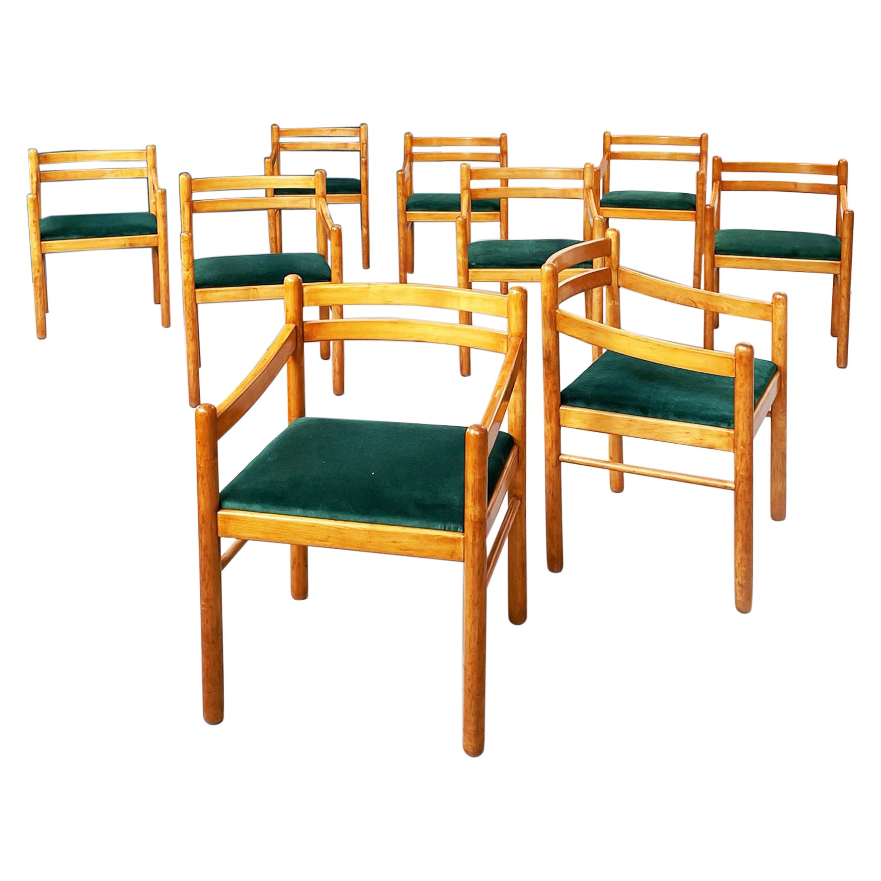 Italian Mid-Century Modern Wooden Chairs with Forest Green Velvet, 1960s