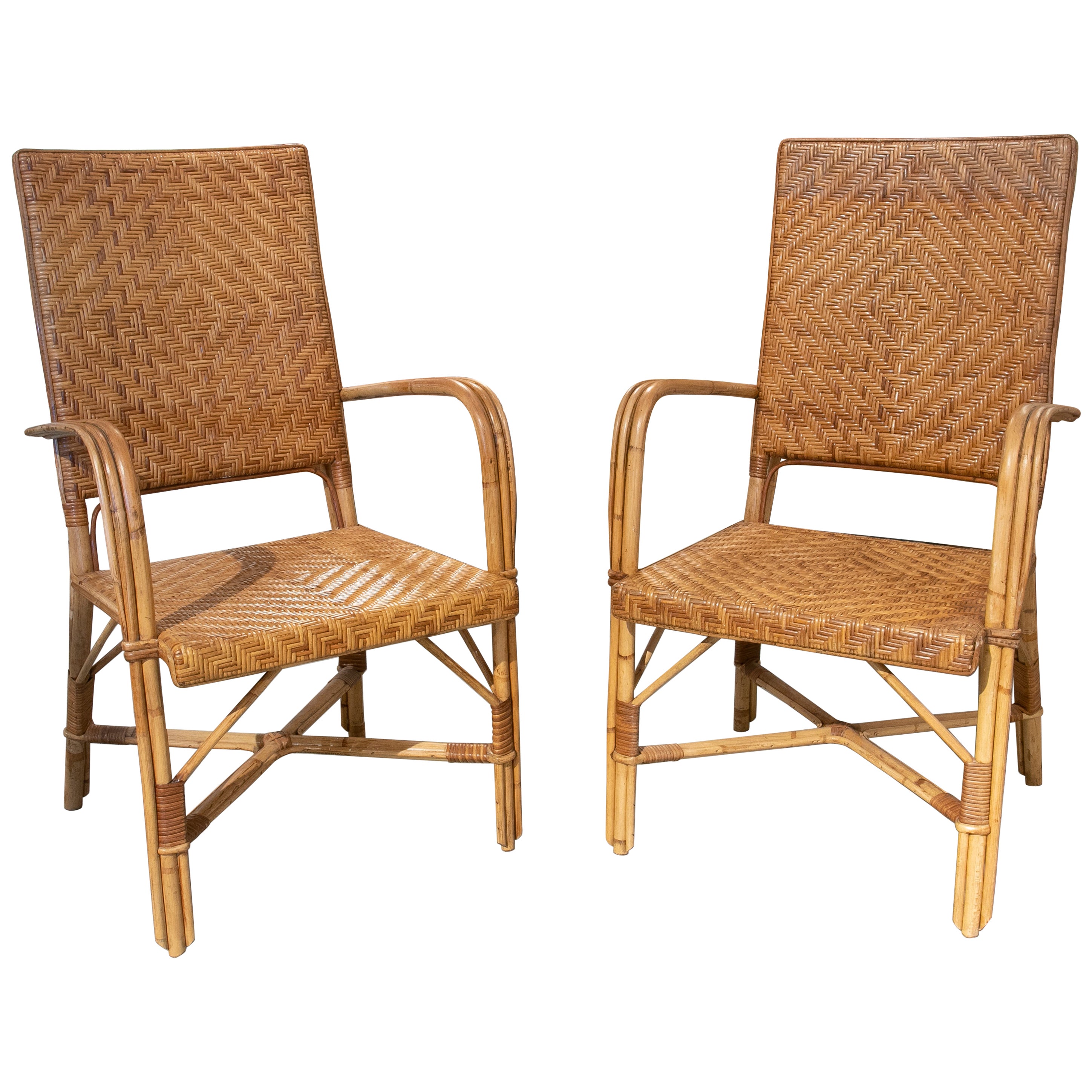 Pair of Handmade Spanish Wicker Armchairs from the 1970ies For Sale