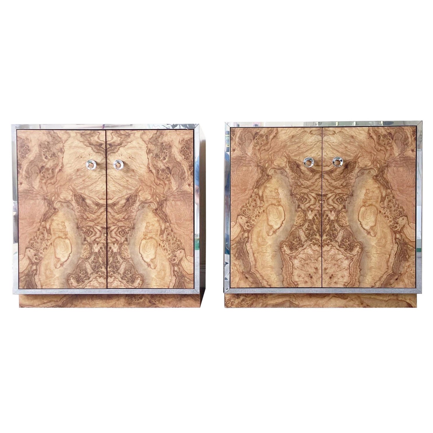 Postmodern Burl Wood Lacquer Laminate and Chrome Cabinets, a Pair