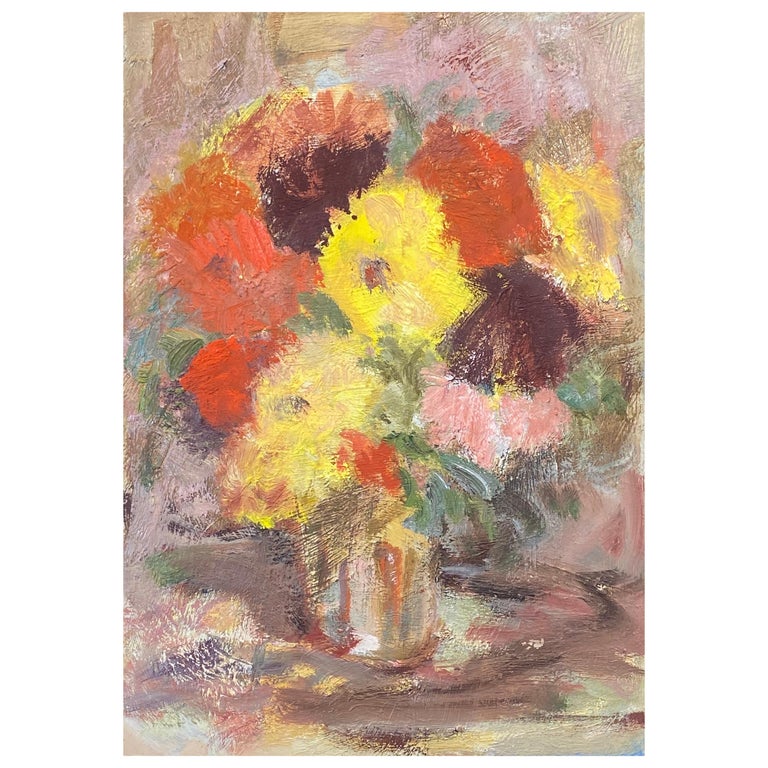 20th Century German Modernist Oil Painting, Vibrant Flowers in Vase For Sale