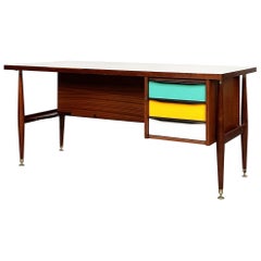 Italian Mid-Century Wooden Desk with Brass and Plastic Drawers by Schirolli 1970