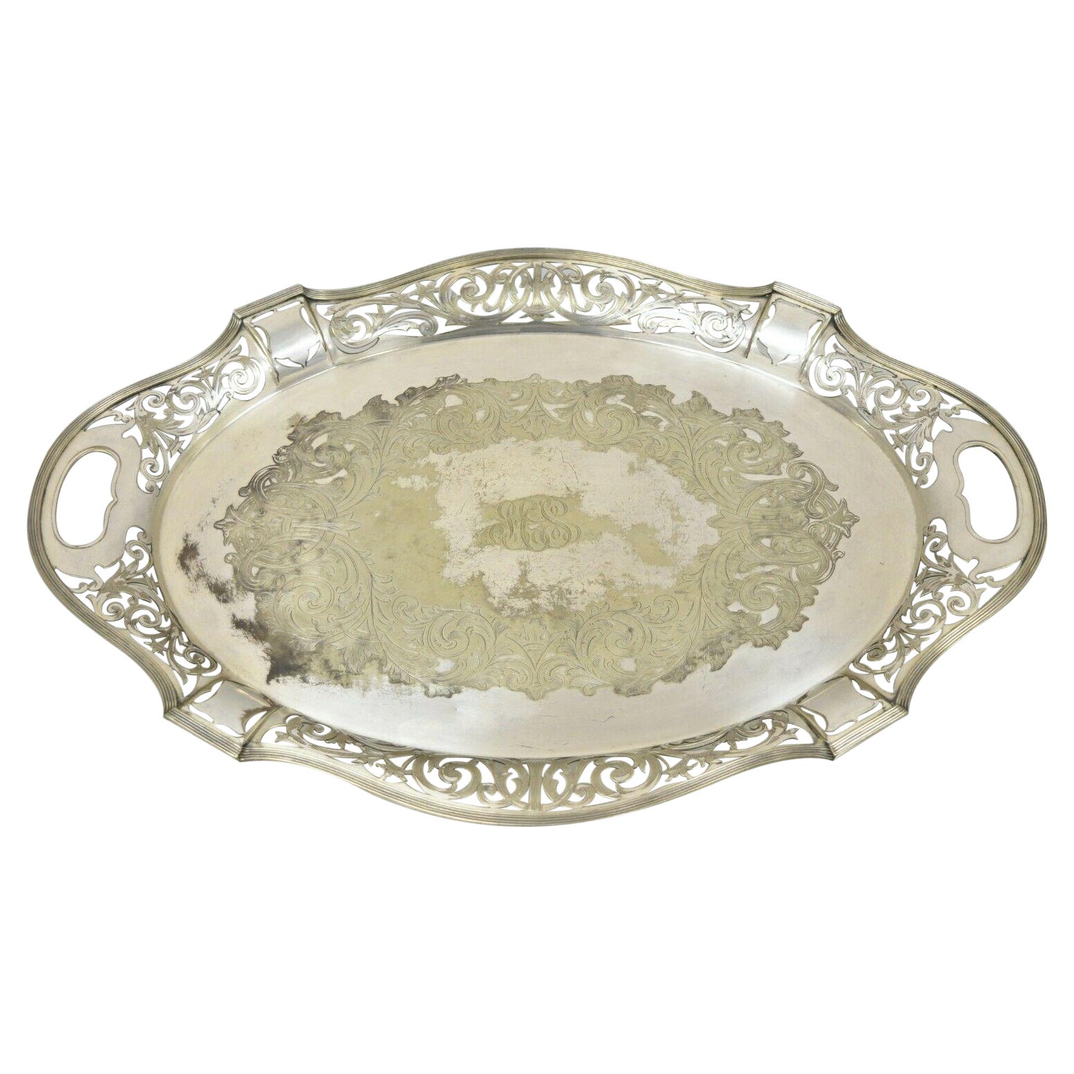 Antique D & H England Silver Silver Plated Pierced Scalloped Platter Tray For Sale