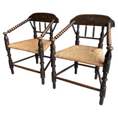 English Bobbin Chairs in Oak and Rush, 19th Century