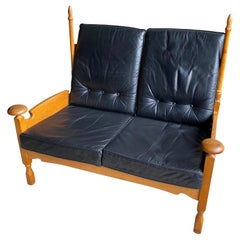 Dutch Oak and Leather Two Seater, NL, 1950's