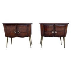 20th Century Italian Pair of Vintage Rosewood Nightstands - Brass Bedside Tables