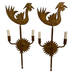 Pair Handmade Gilt Iron Rooster Sconces