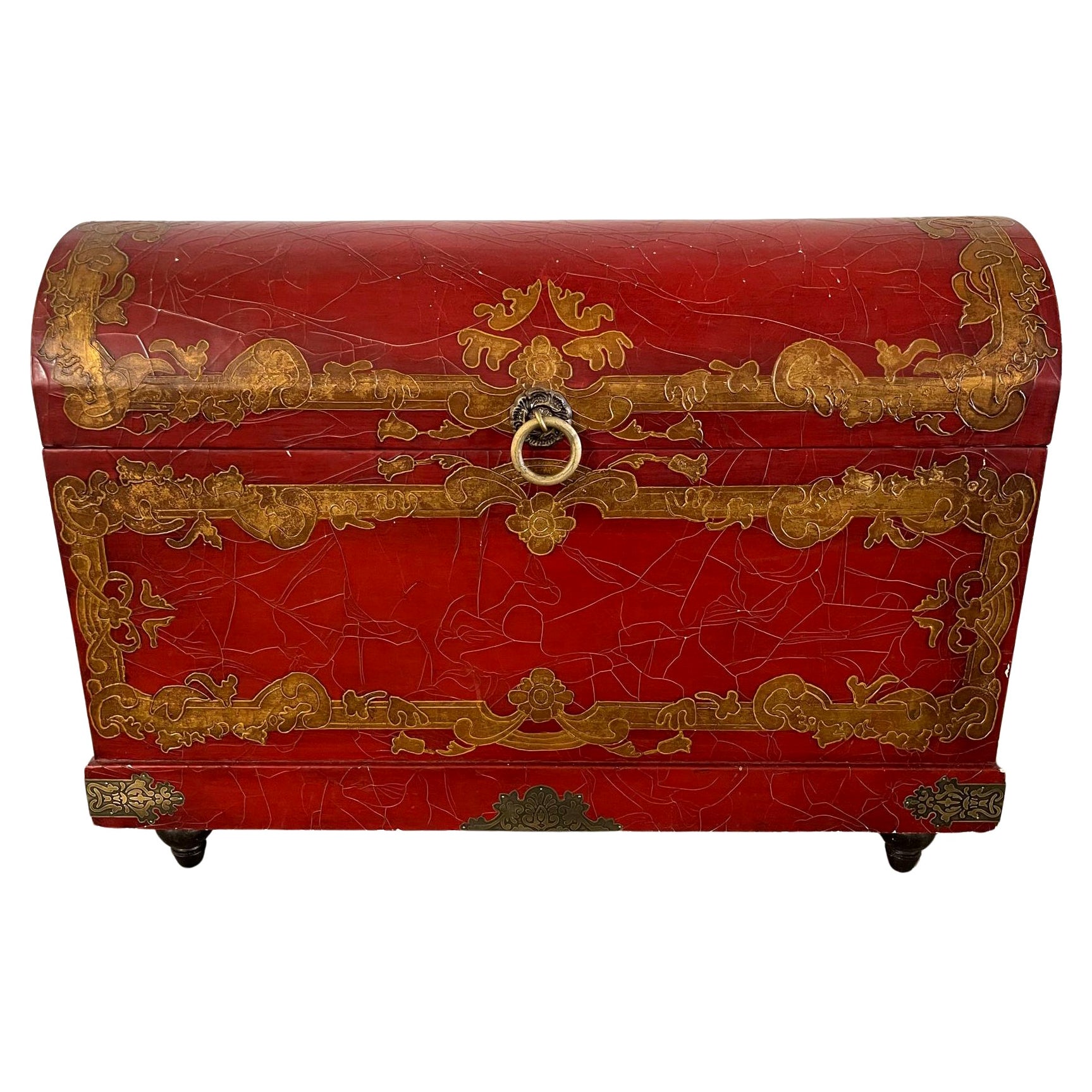 Chinese Red Lacquer and Gold Detailing Dome Top Trunk on Feet, 20th Century For Sale
