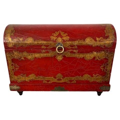 Vintage Chinese Red Lacquer and Gold Detailing Dome Top Trunk on Feet, 20th Century