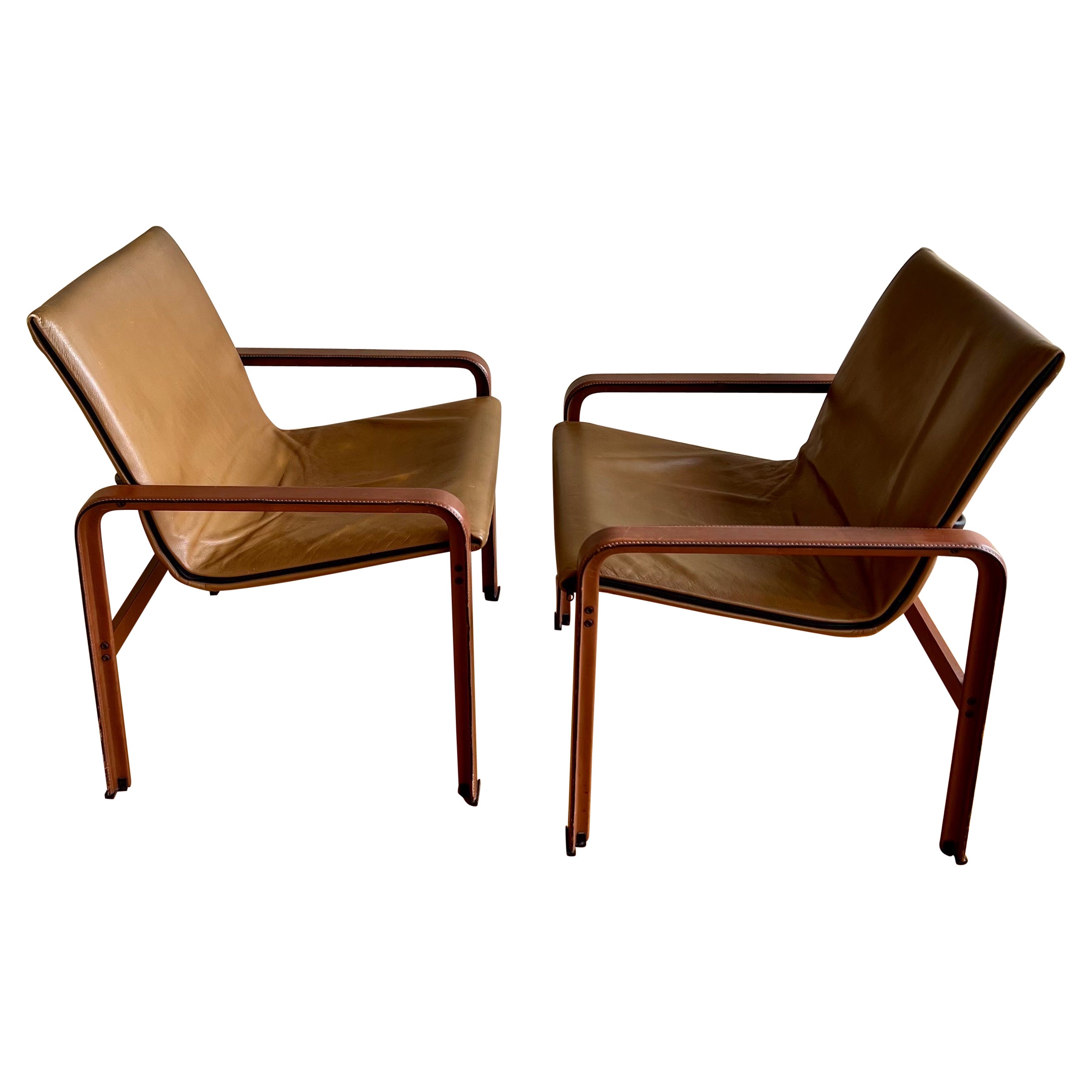 Pair of Rare Lounge Chairs in Patinated Leather by Matteo Grassi, 1980s