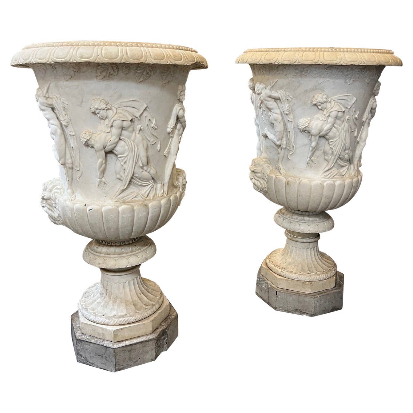 Pair of Antique Early 20th Century Italian Carved Marble Urns w/ Carved Figures For Sale