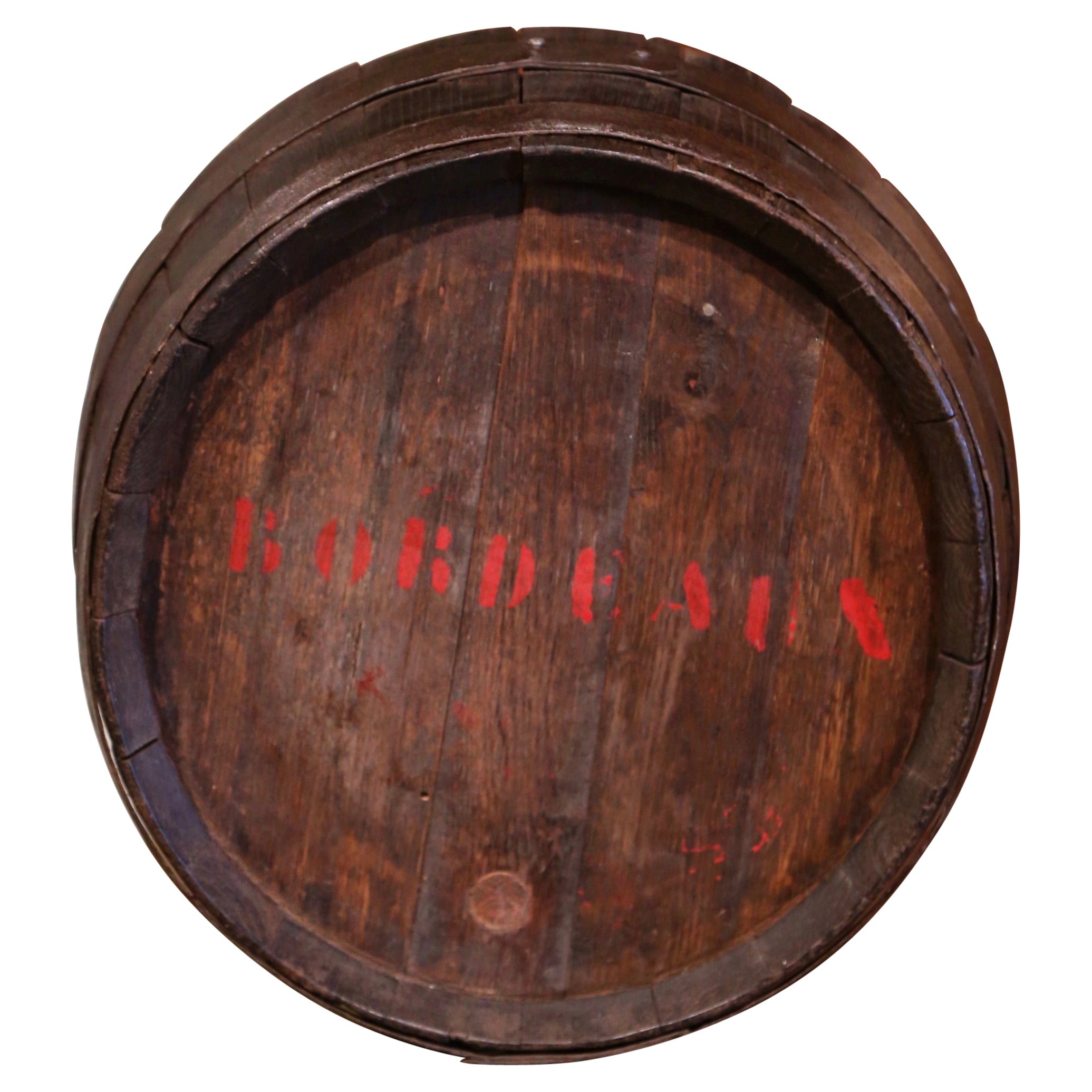 19th Century French Polished Iron and Oak Decorative Wine Barrel Top For Sale