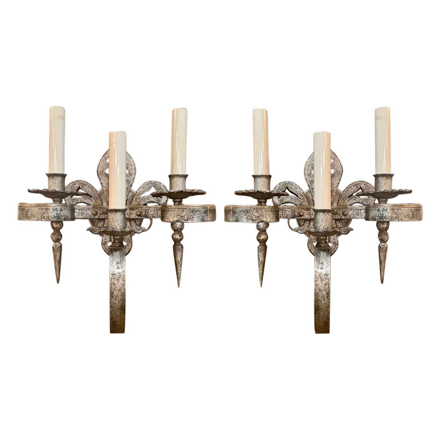 Pair Antique English 3 Light Iron Sconces, Circa 1910-1920 For Sale