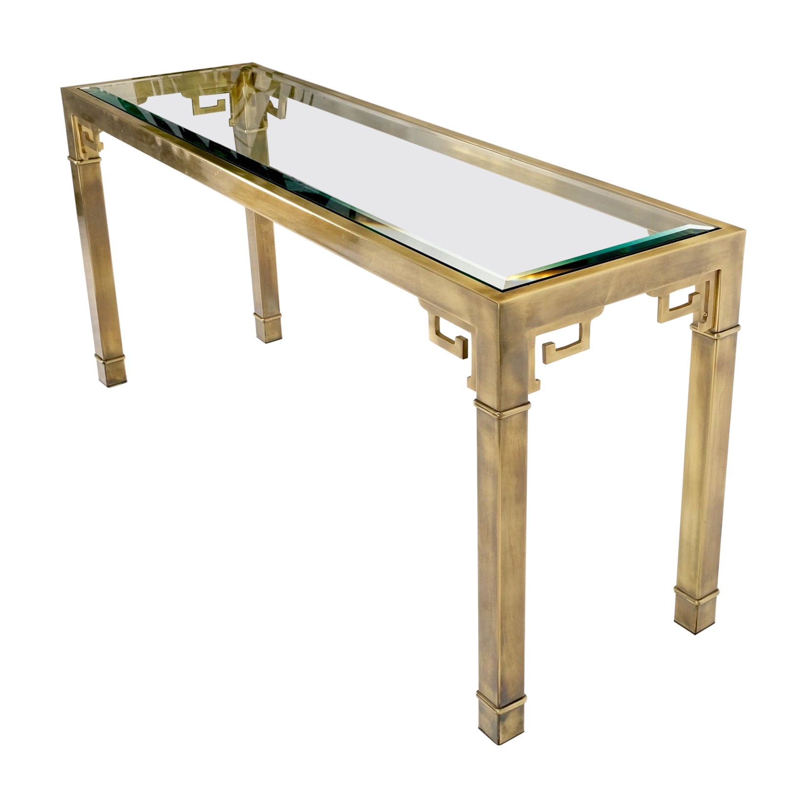 Greek Key Glass Top Mastercraft Solid Square Brass Profile Console Sofa Table