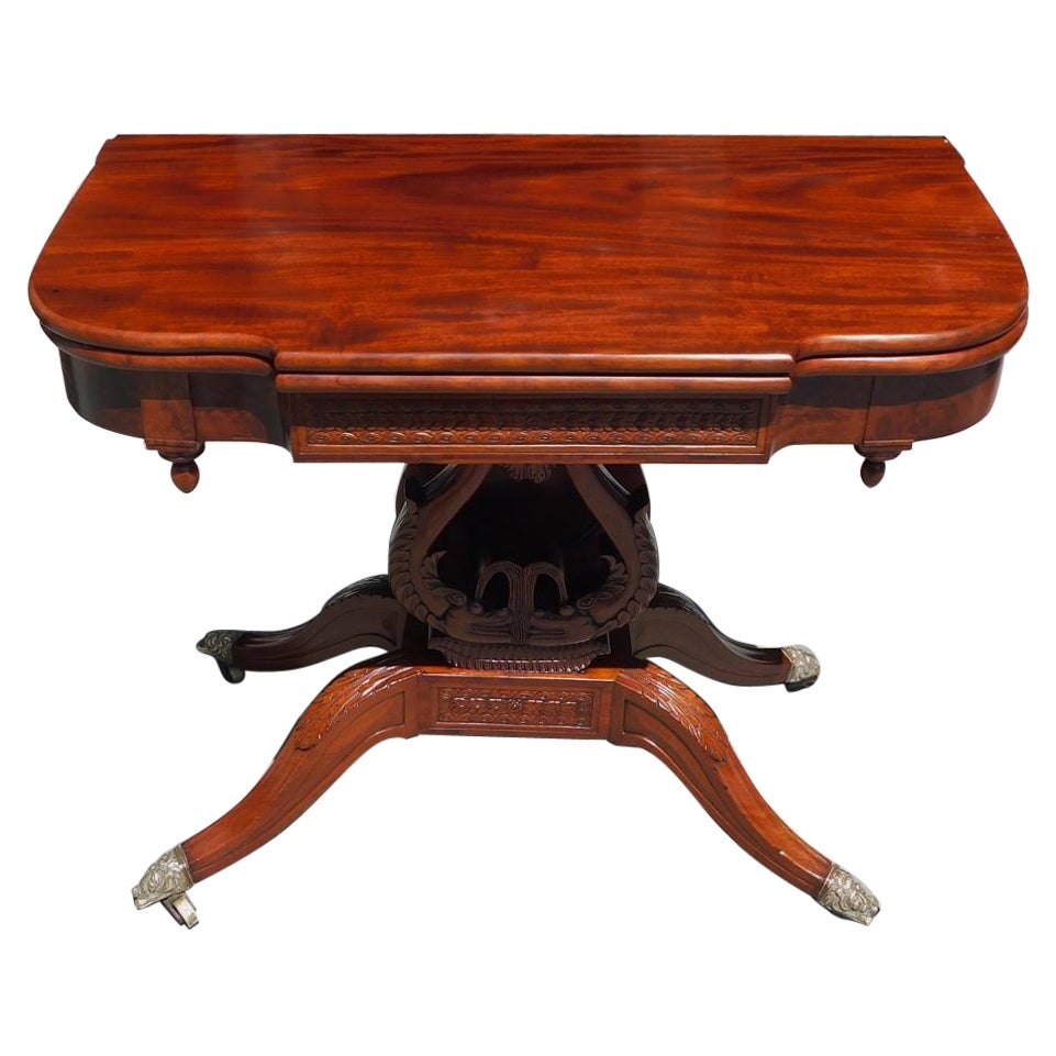 American Mahogany Game Table with Lyre Form Dolphin Base, Connelly Phila C 1815  For Sale