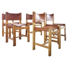Set of '5' Mid 20th Century Leather and Wood Dining Chairs from France