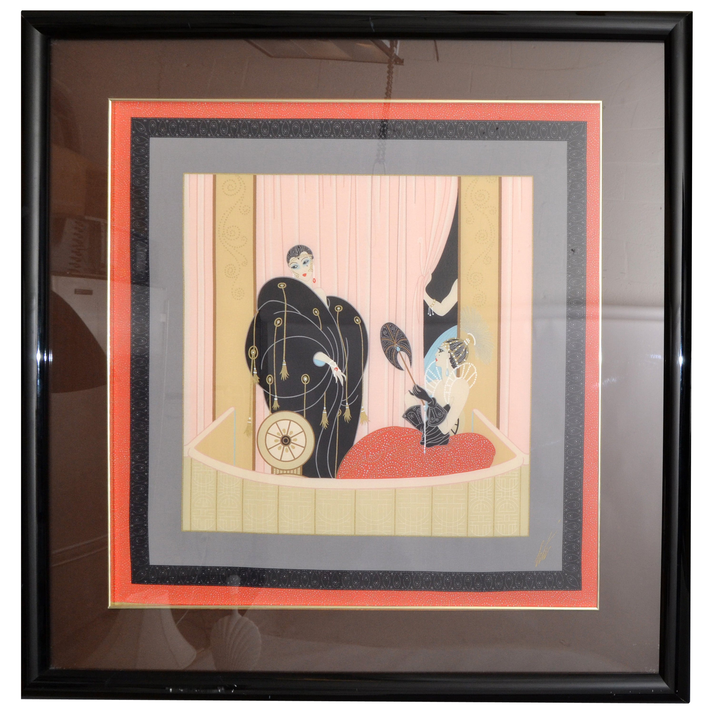 Romain de Tirtoff Erté 1987 Loge De Theatre Art Deco Framed Silk Scarf Wall Art For Sale