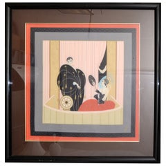 Retro Romain de Tirtoff Erté 1987 Loge De Theatre Art Deco Framed Silk Scarf Wall Art