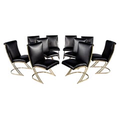 Set of 10 Mid-Century Modern Brass Dining Chairs in Black Leather