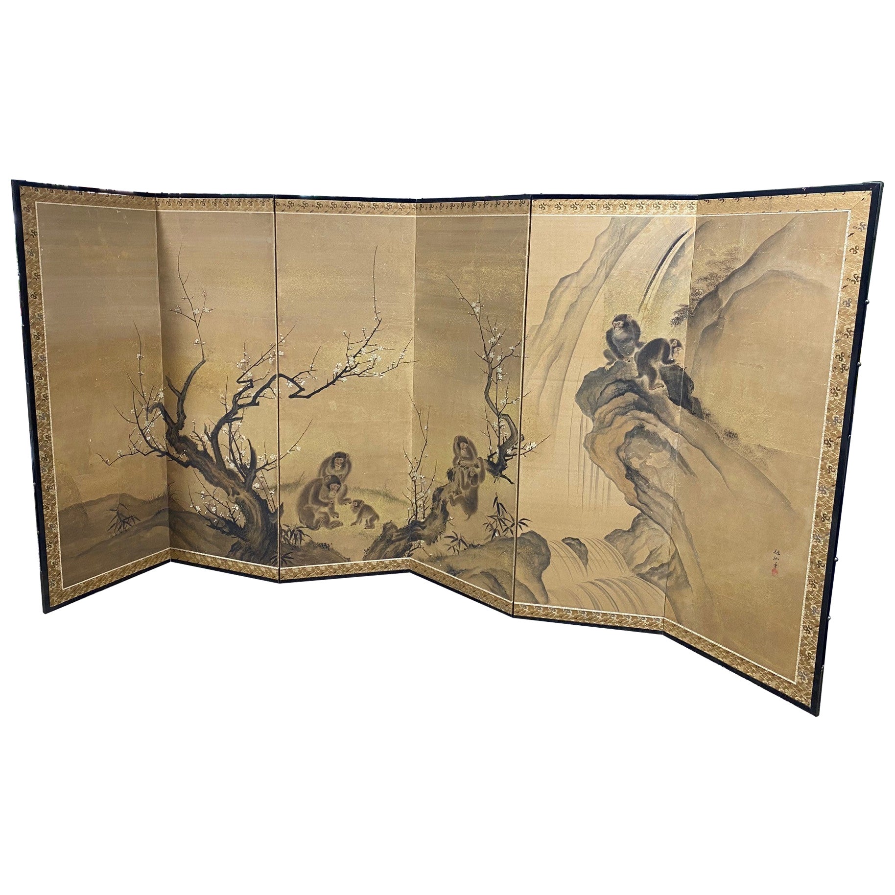 Exceptionally Large Japanese Screen with Pine Tree and Peonies For Sale