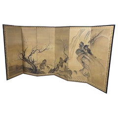 Antique Japanese Asian Large Edo Six-Panel Folding Byobu Screen Landscape Monkeys Trees