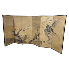 Japonés Asiático Grande Edo Biombo Byobu Plegable de Seis Paneles Paisaje Monos Árboles