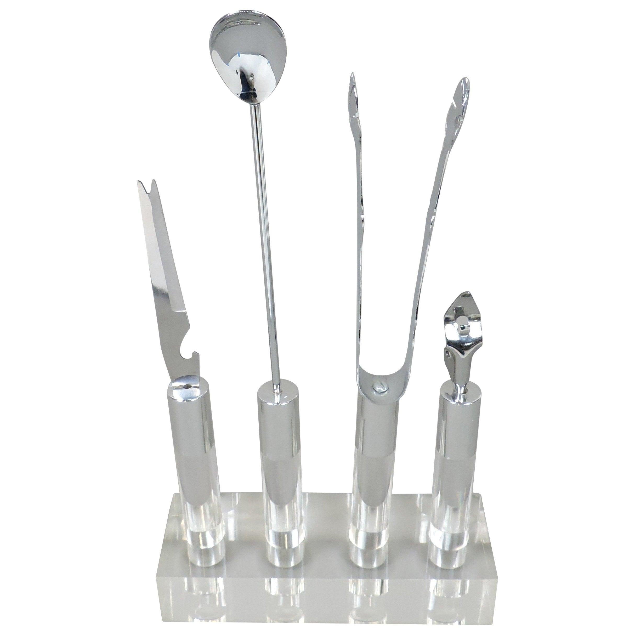 Lucite, Chrome and Stainless Steel Mid-Century Modern Bar Tool Set
