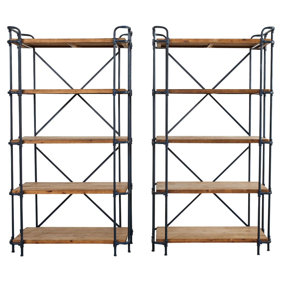 Pair of Industrial Style Five Shelf Bookcase Etageres