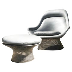 Warren Platner Gray Leather 1705 Easy Chair and Ottoman Set of Two, Knoll, 1966