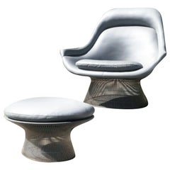 Vintage Warren Platner Gray Leather 1705 Easy Chair and Ottoman Set of Two, Knoll, 1966